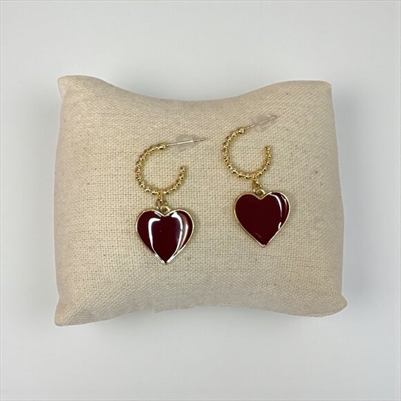 Chic Gold & Burgundy Heart Hoop Earrings - Picture 2 of 5